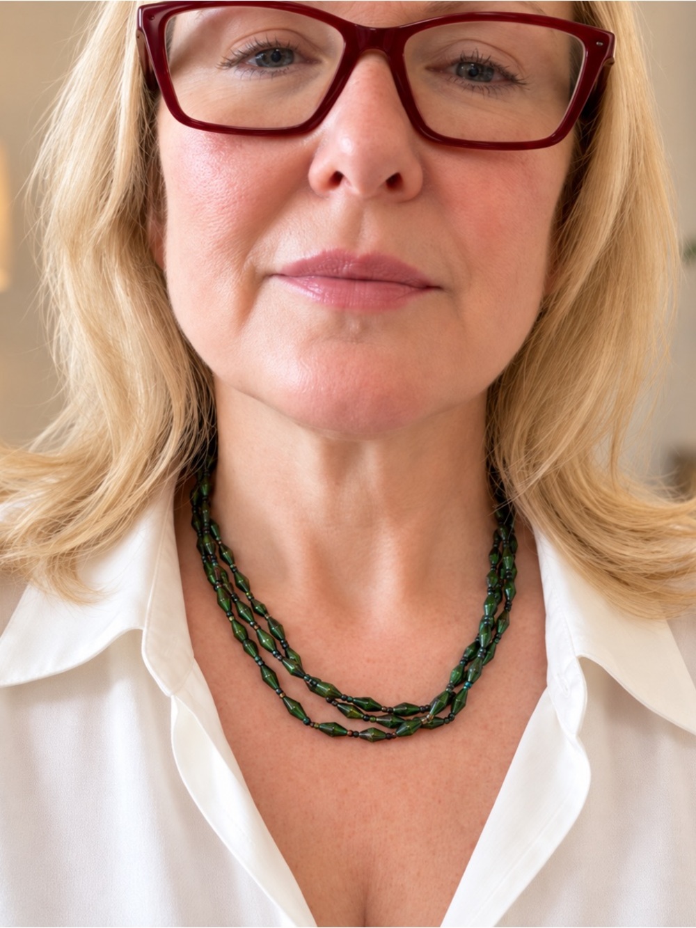 Handcrafted 3-Strand Green Rolled Paper Bead Necklace 17”